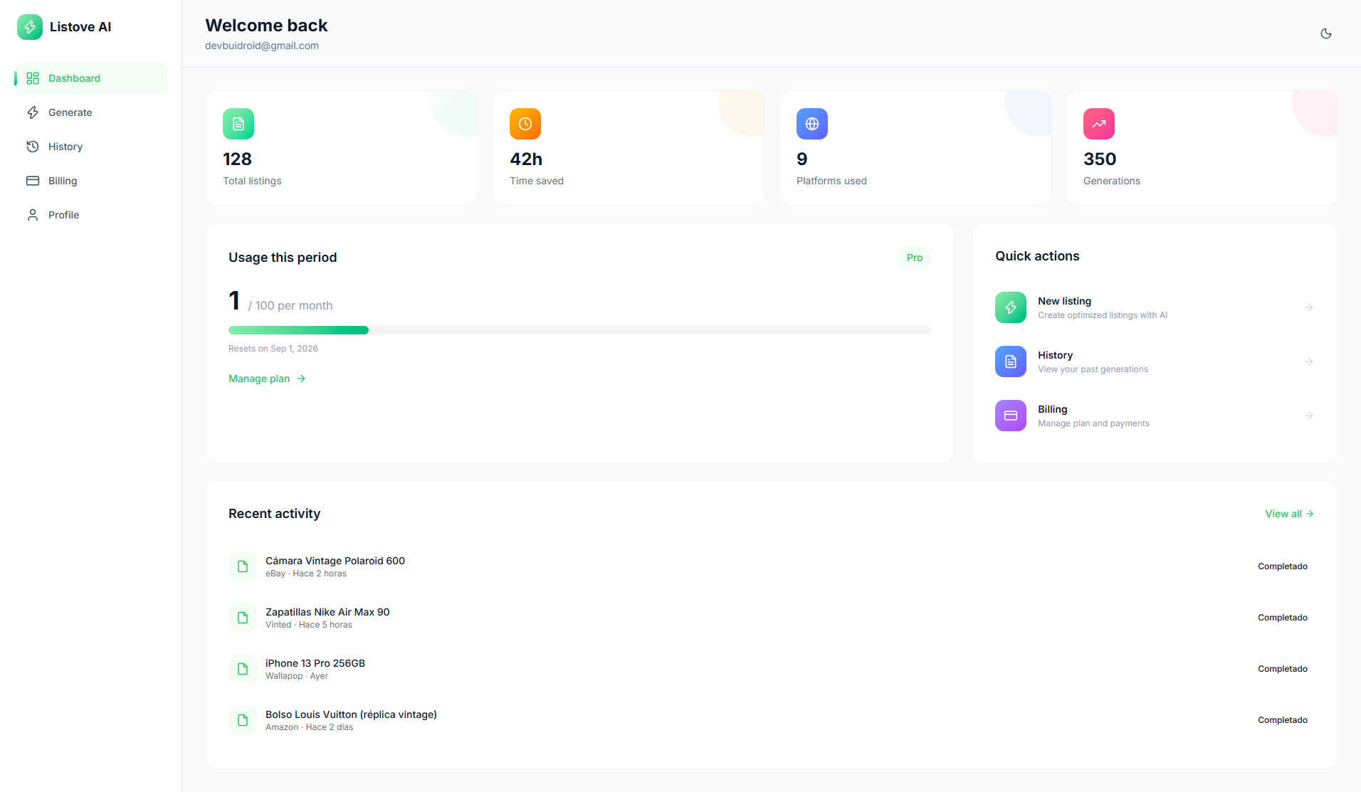 Listove AI dashboard